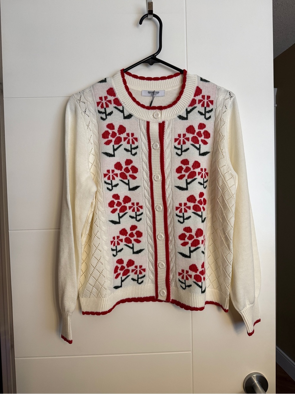 Smash + Tess Cream Cardigan with Red Floral Intarsia